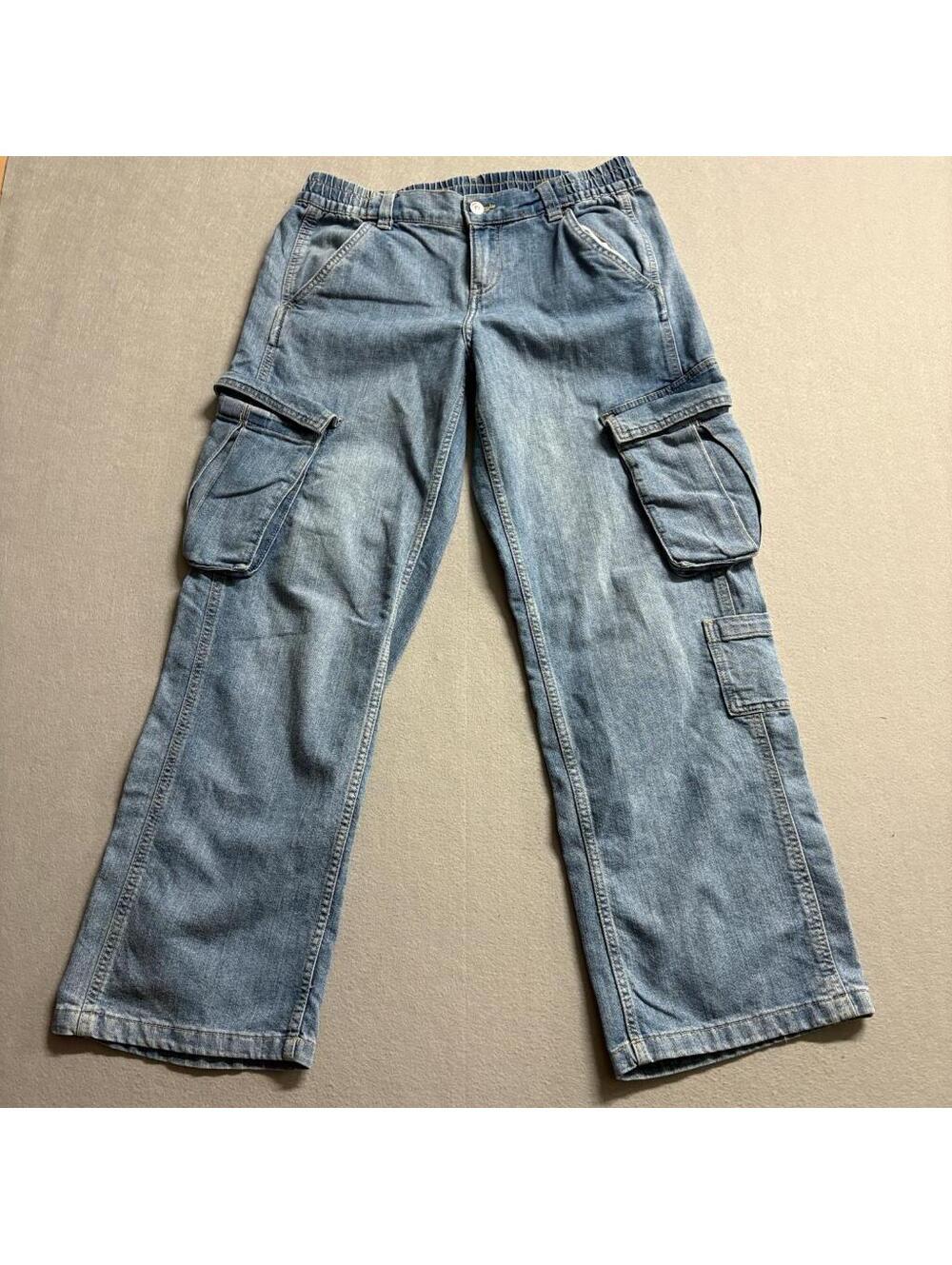 H&M Divided Women Blue Cargo Jeans Size 6 Elastic Waist Wide Leg Denim Pants